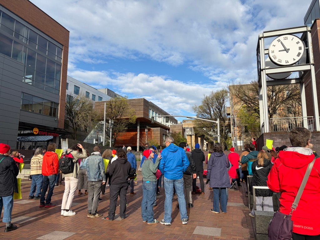 Union members, teachers, staff, and students gathered at Union Plaza in downtown Portland to protest Portland State University's upcoming class eliminations and faculty layoffs.