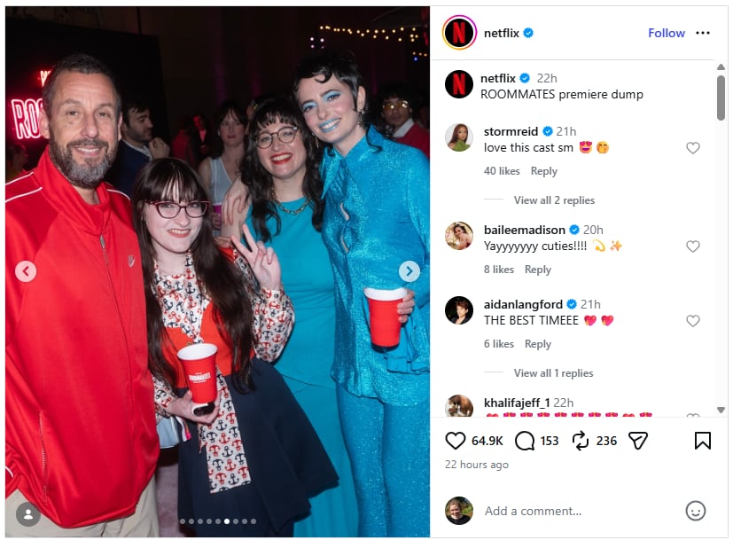 A screenshot of four people, with their arms around each other, taken from social media site Instagram. Comments next to the photo read: ROOMMATES premiere dump.