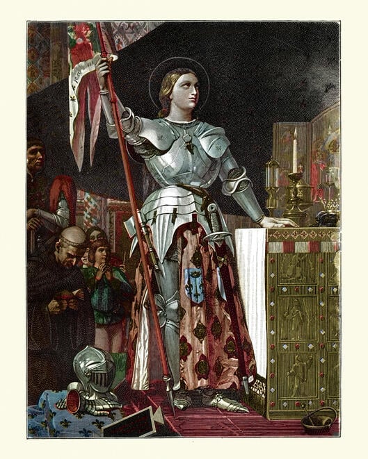 A vintage illustration of Joan of Arc, wearing armor.