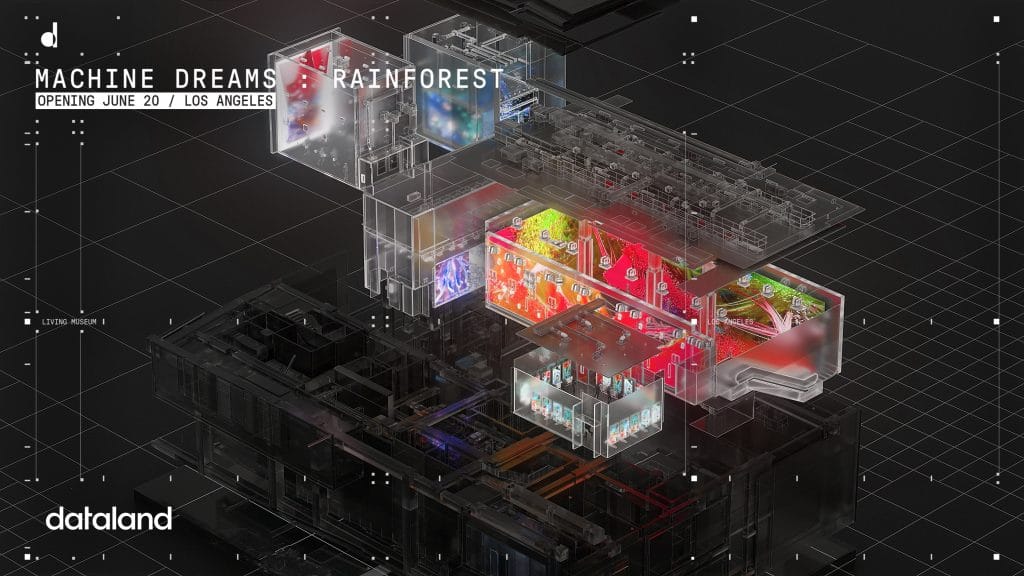 Isometric architectural rendering of immersive exhibition spaces labeled Machine Dreams Rainforest, with glowing rooms and data systems