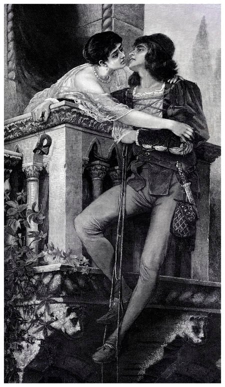 An engraving of Romeo and Juliet on the balcony.