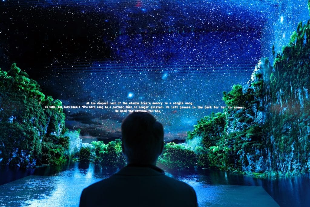 a person watches a large, immersive digital projection of a lush, glowing blue landscape under a vast, star-filled night sky