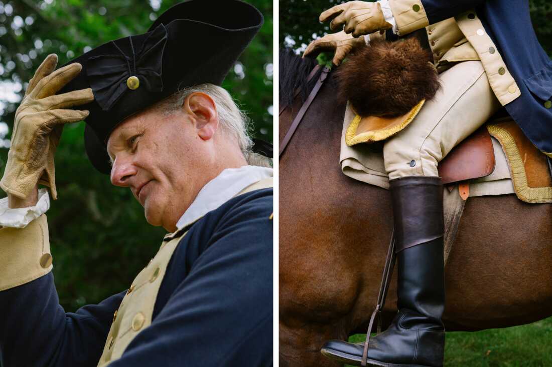 Reenactor John Koopman III, playing George Washington, is seen on his horse, Bear. Koopman used part of a small inheritance to purchase a period-accurate saddle ans clothing.