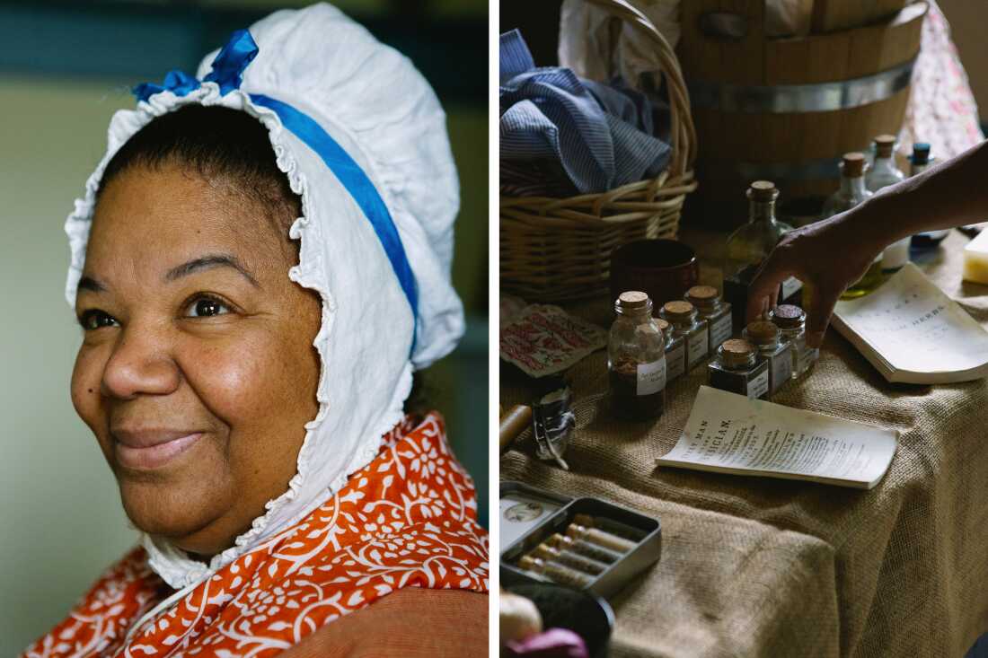 Reenactor Leslie Bramlett, playing George Washington’s enslaved cook Hannah Till, stands for a portrait after preparing a display that represents the women of color who played a pivotal role in Washington’s army