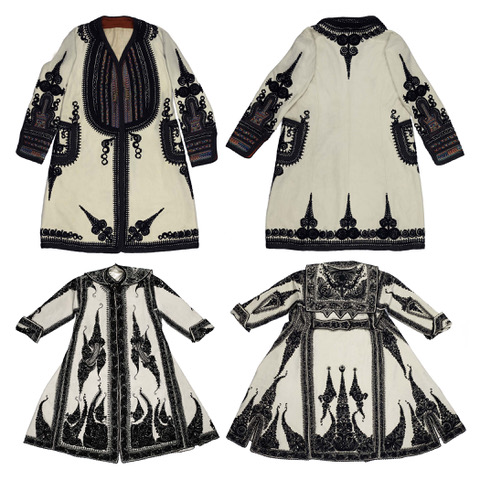 4 black and white embroidered garments in a grid pattern with black designs on a white field