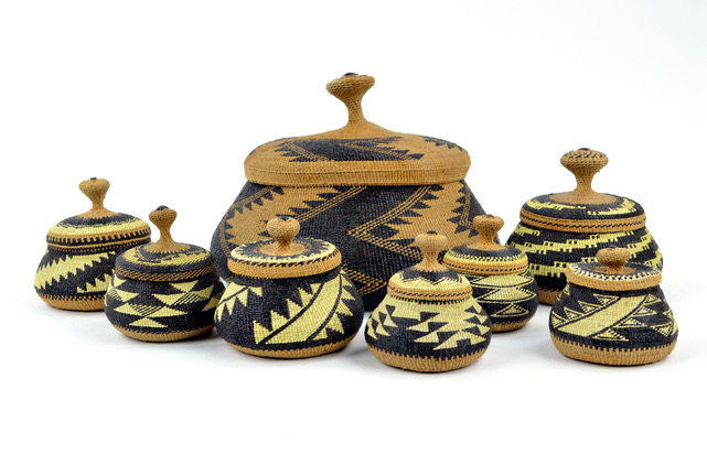 collection of baskets with geometric designs