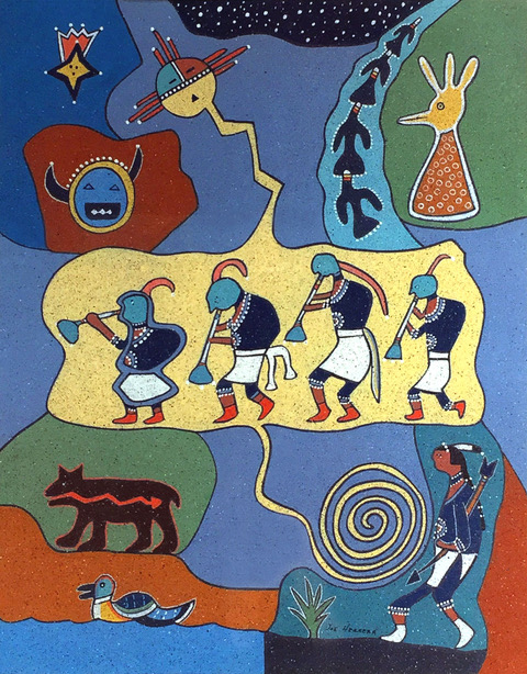 colorful patched compsoition with four anthropic figures at center playing long instruments, spirals, animals and other designs surround