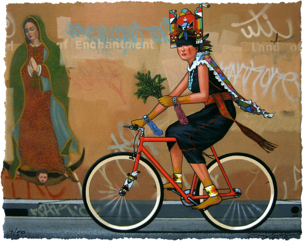 image of woman on bicycle with headdress, wall behind has graffiti and image of the Virgin Mary