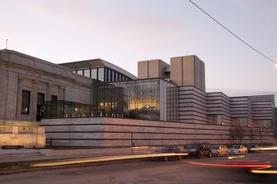 Dusk and or twilight views of East Wing from East Blvd with Martin Creed balloon exhibit in glass box gallery. Work No. 965: Half the air in a given space, September 30–November 25, 2012
East Wing, Glass Box