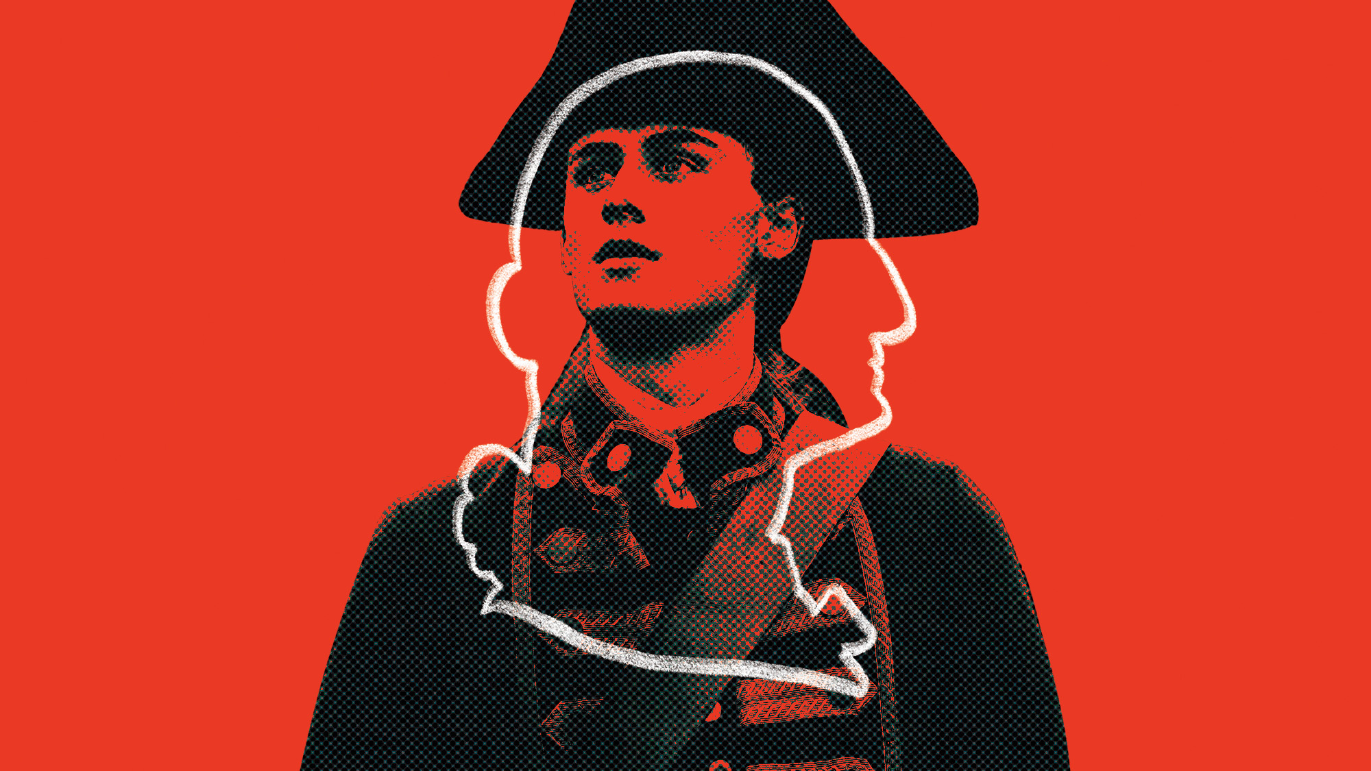 black halftone image of George Washington from movie with white silhouette outline of George Washington's famous profile superimposed, on red background