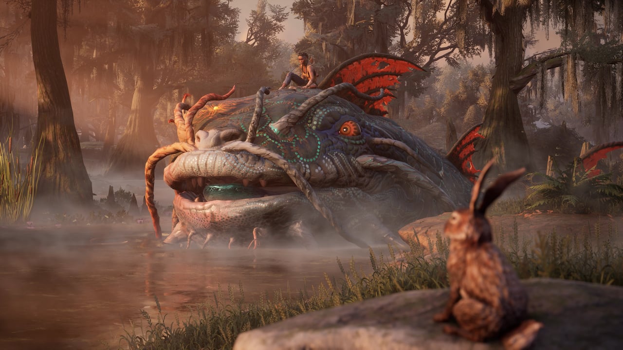 The 3D rendered image shows a woman with long dark braids sitting atop an enormous catfish in a rive. A hare can be seen in the foreground looking on.