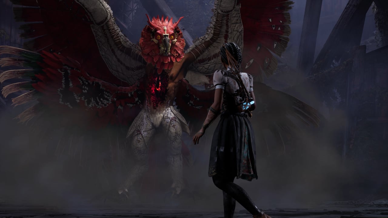 A character with long dark hair wearing a skirt and a white top is seen from behind. They stand in front of a towering birdlike monster with its wings outstretched.