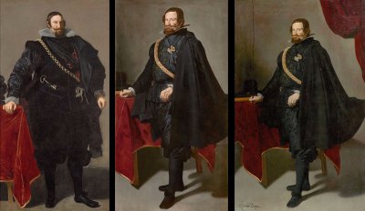 Composite image of three paintings of the Count-Duke Olivares in all black.
