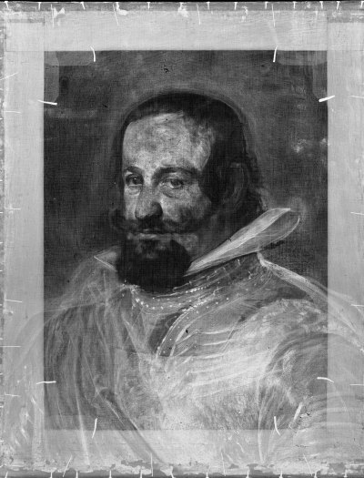 An X-ray image of a painting of a man with a beard in armor.