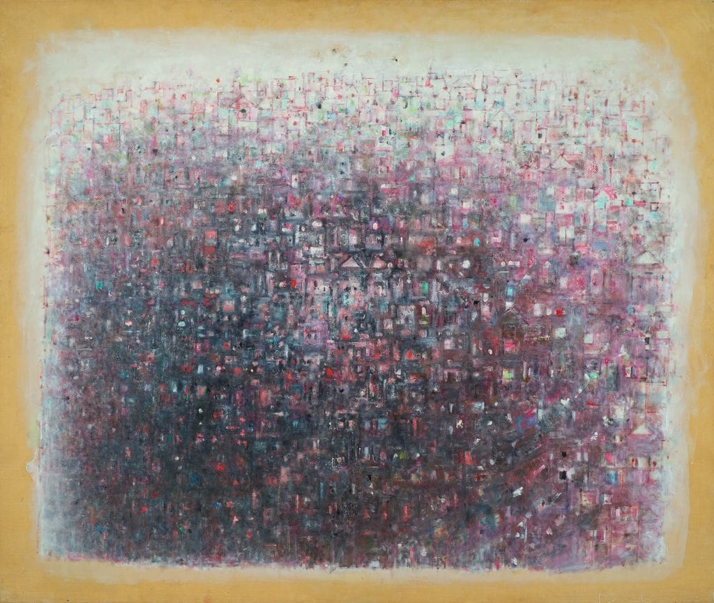 a painting shows a city scape covered in a glittering pink and purple light