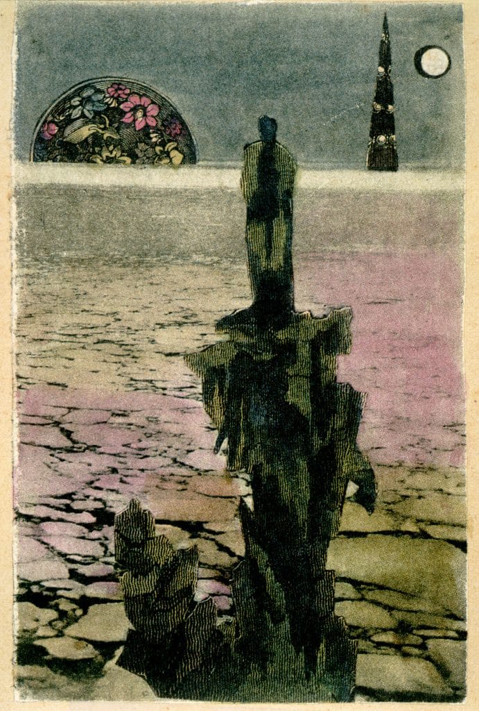 a collage by Jacqueline Lamba showing a figure on a rocky outpost against an icy body of water, a tower and moon are in the distance