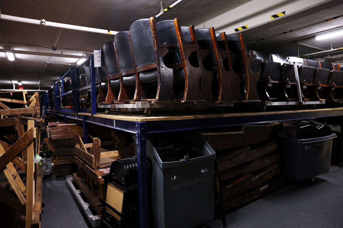 Seats are stored in the basement at Symphony Hall.