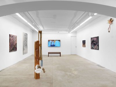 View of artworks in a gallery.