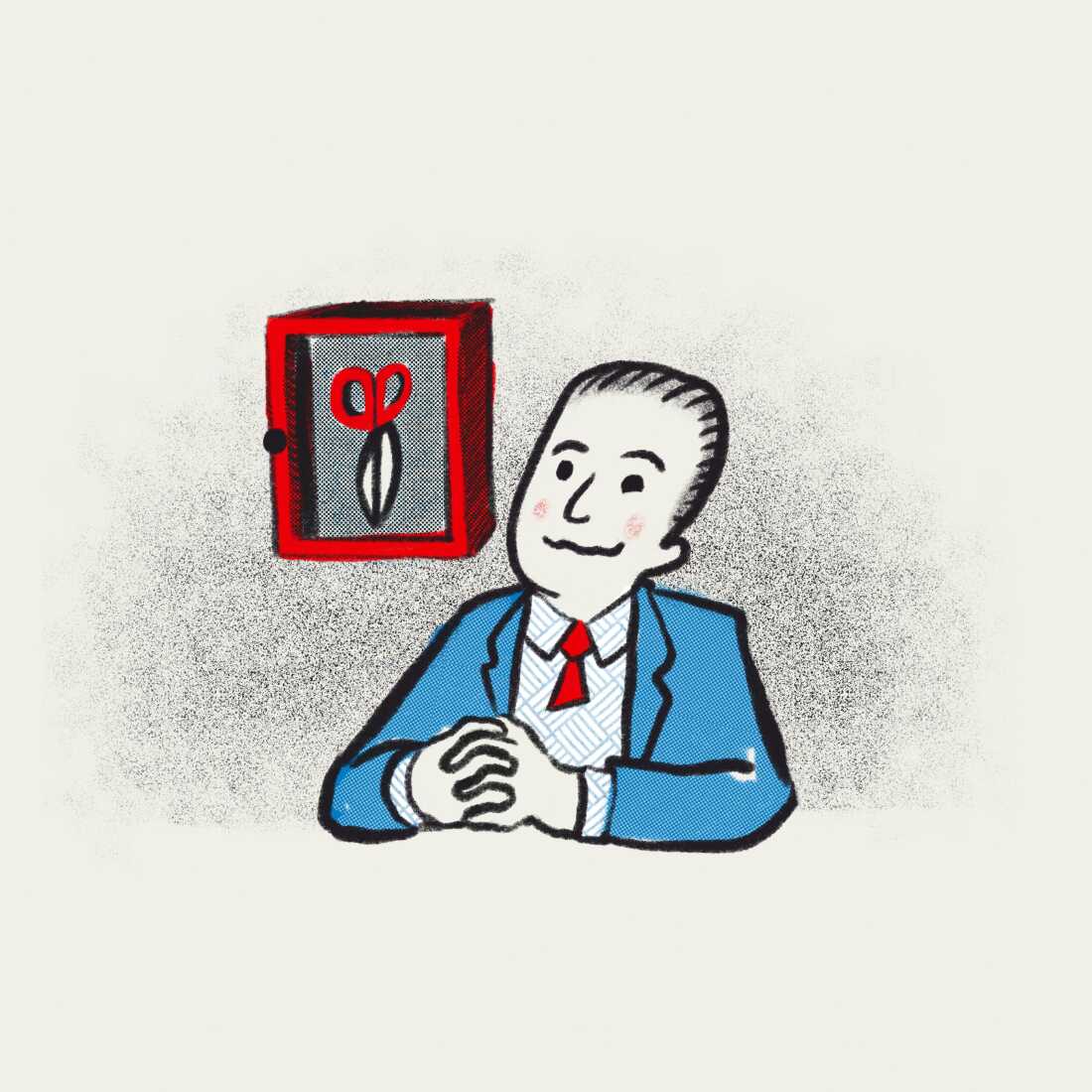 Illustration of a smiling, older man at a desk in a suit. Behind him is a red box on a wall, with a pair of scissors in it. 
