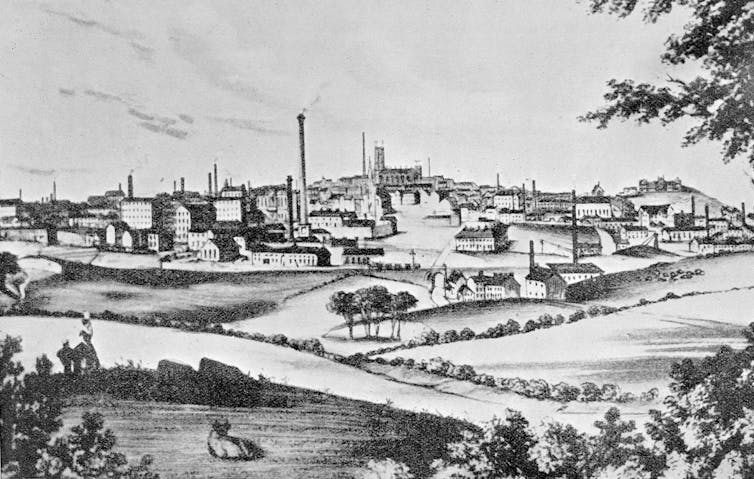 Black and white illustration of an industrialized countryside.