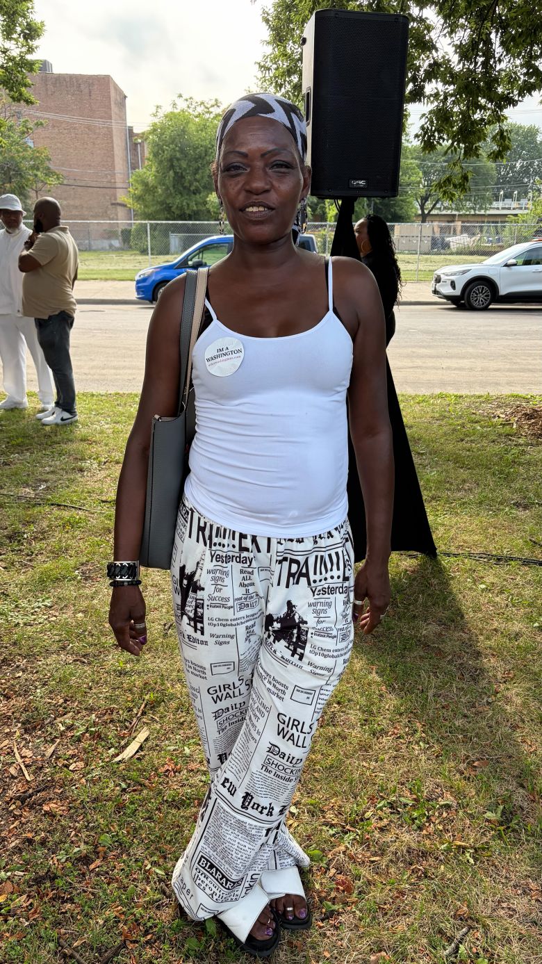 At the event, Washingtons all identified themselves with stickers. Pictured here is Sonya Washington, mother to Candice Washington, who curated the project.