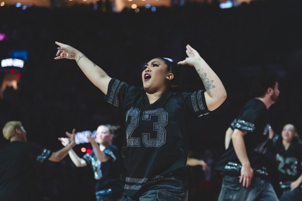 Firewerks dancer Kayla shows her enthusiasm while the crowd cheers. Photo courtesy of the Portland Fire