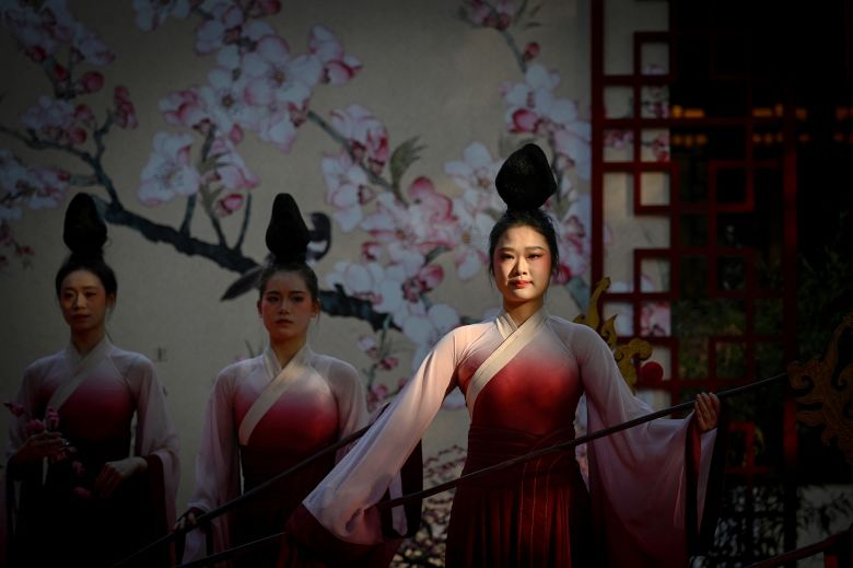 During a Lunar New Year event, performers commemorate the Tang dynasty poet Du Fu in Chengdu on February 16, 2024.