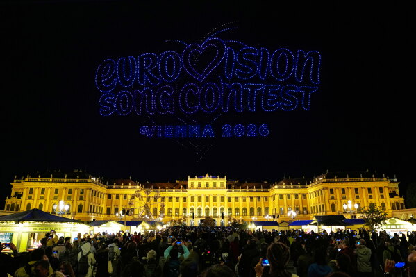 3000 drones depicts the logo sign in preparation for the upcoming Eurovision Song Contest in front of castle Schonbrunn in Vienna, Austria, on April 27, 2026. (AP Photo/Matthias Schrader, File)