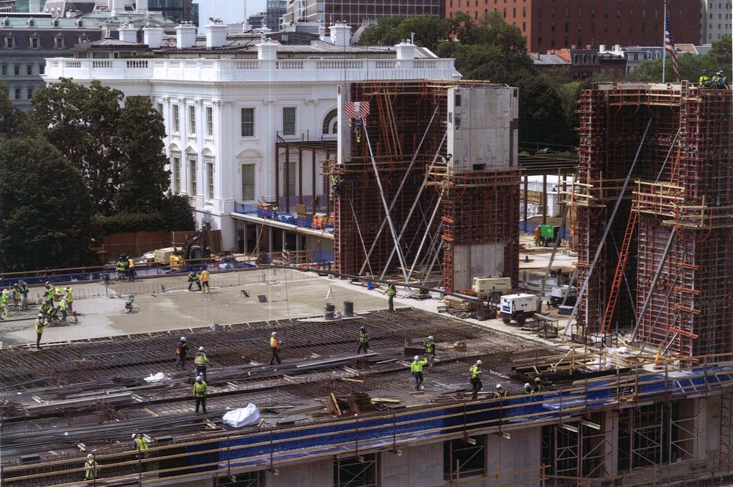 white house ballroom floor is shown in construction. white house ballroom floor is shown in construction.