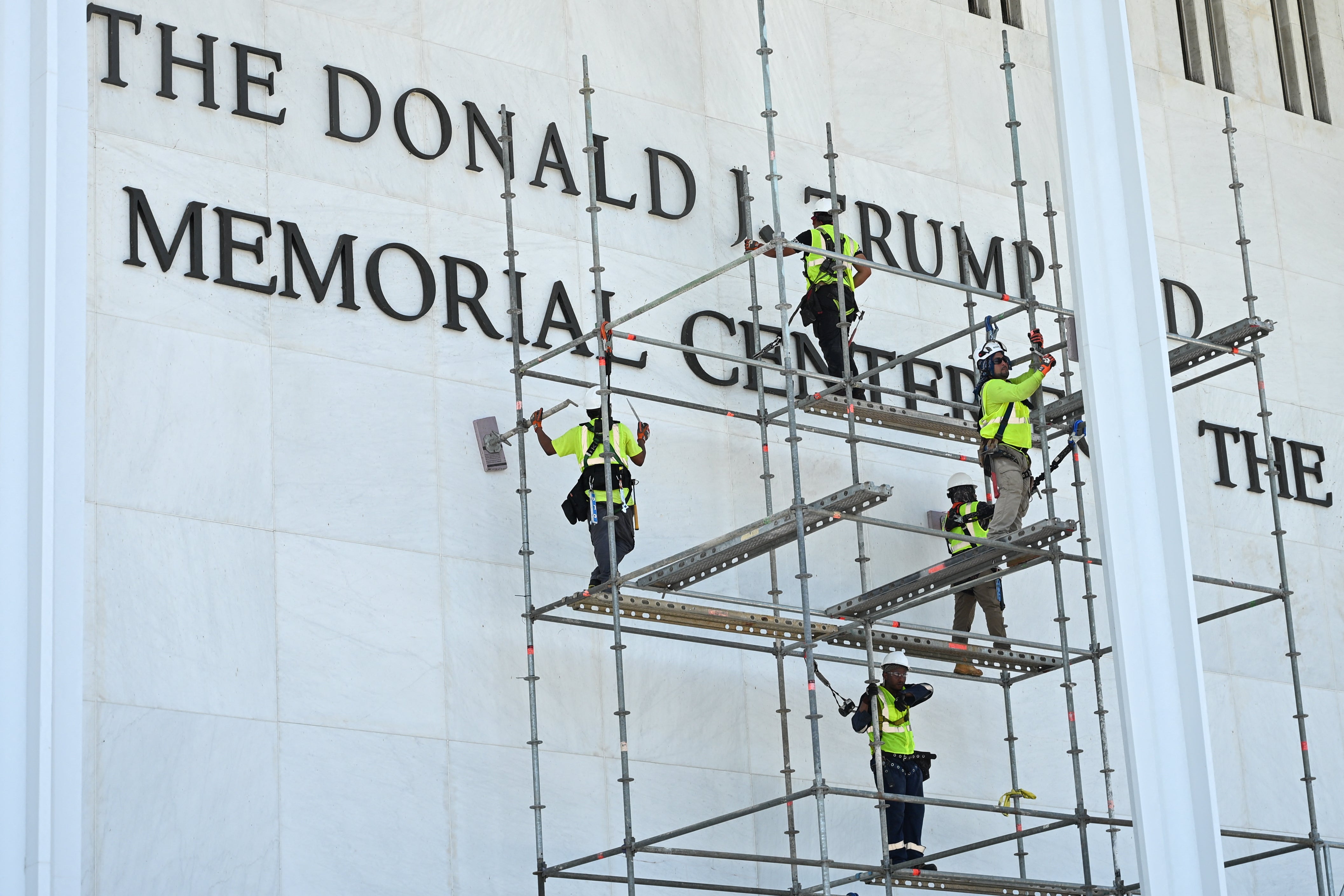 Workers took Trump’s name off the building in June after a federal judge ruled that the venue cannot be named for the president or anyone else other John F Kennedy