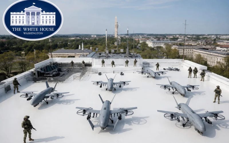 drone port White House rooftop scene with soldiers guarding several gray drones and a city skyline