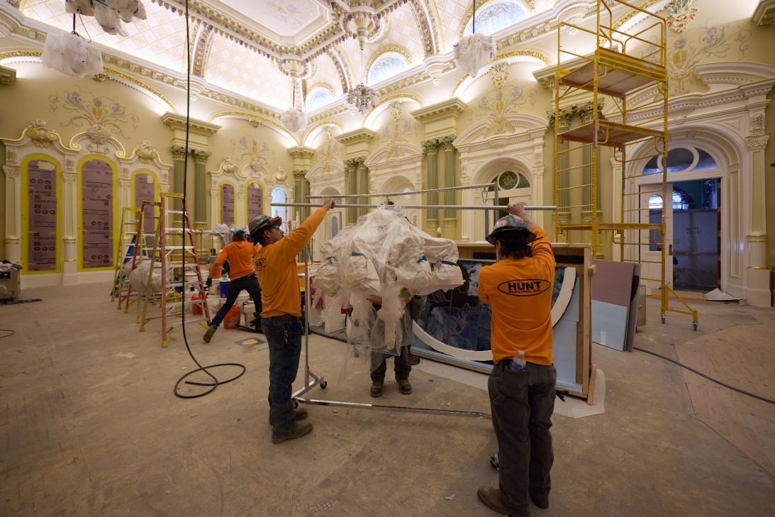 Crews assemble a chandelier in the temple's Celestial Room in May 2026. No ceremonies are performed in this room, which is meant to symbolize heaven; instead, it serves as a place for quiet prayer and reflection.