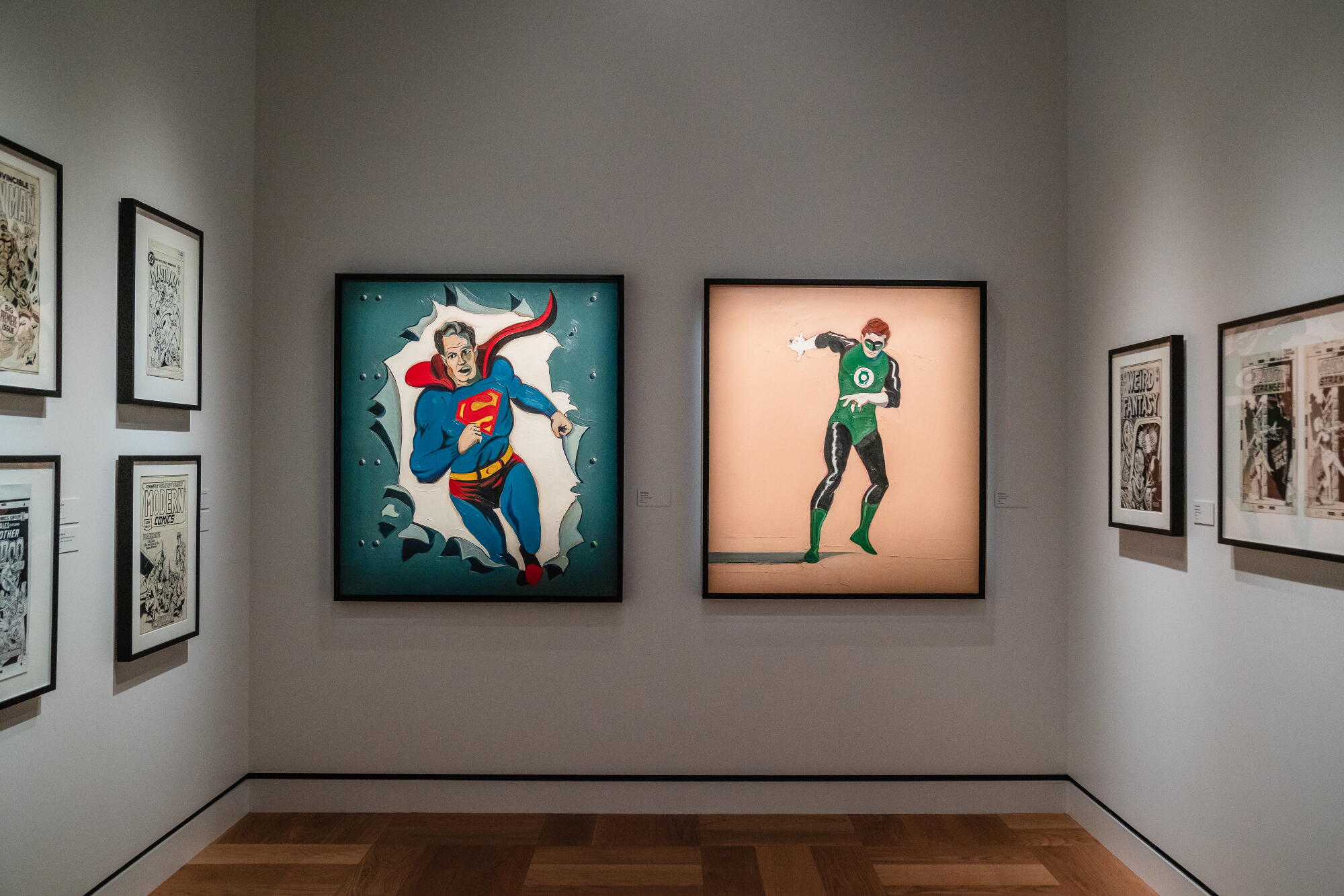 Comic book illustrations in a museum.