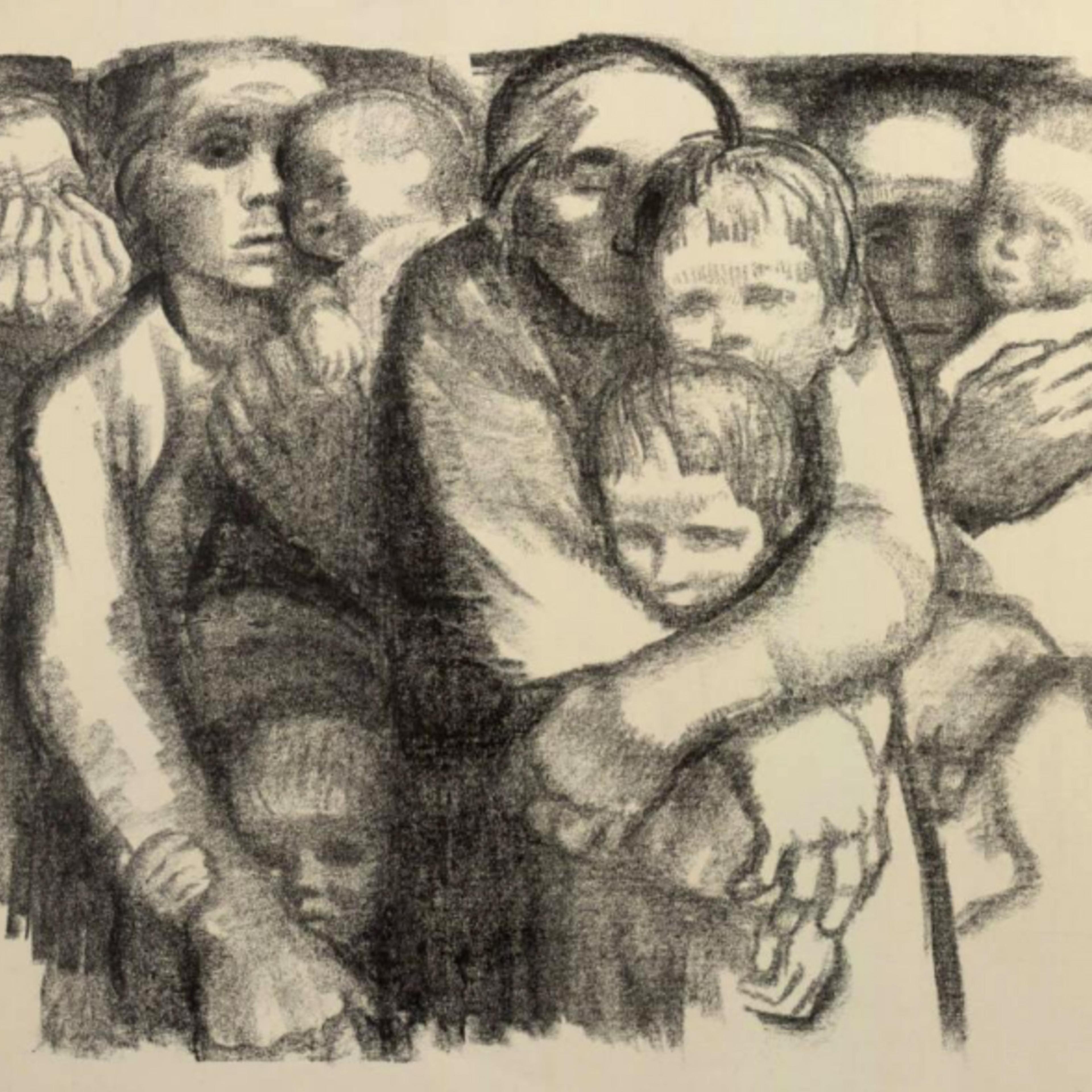 Charcoal drawing of a group of people huddled together, showing expressions of sorrow and comfort in monochrome.
