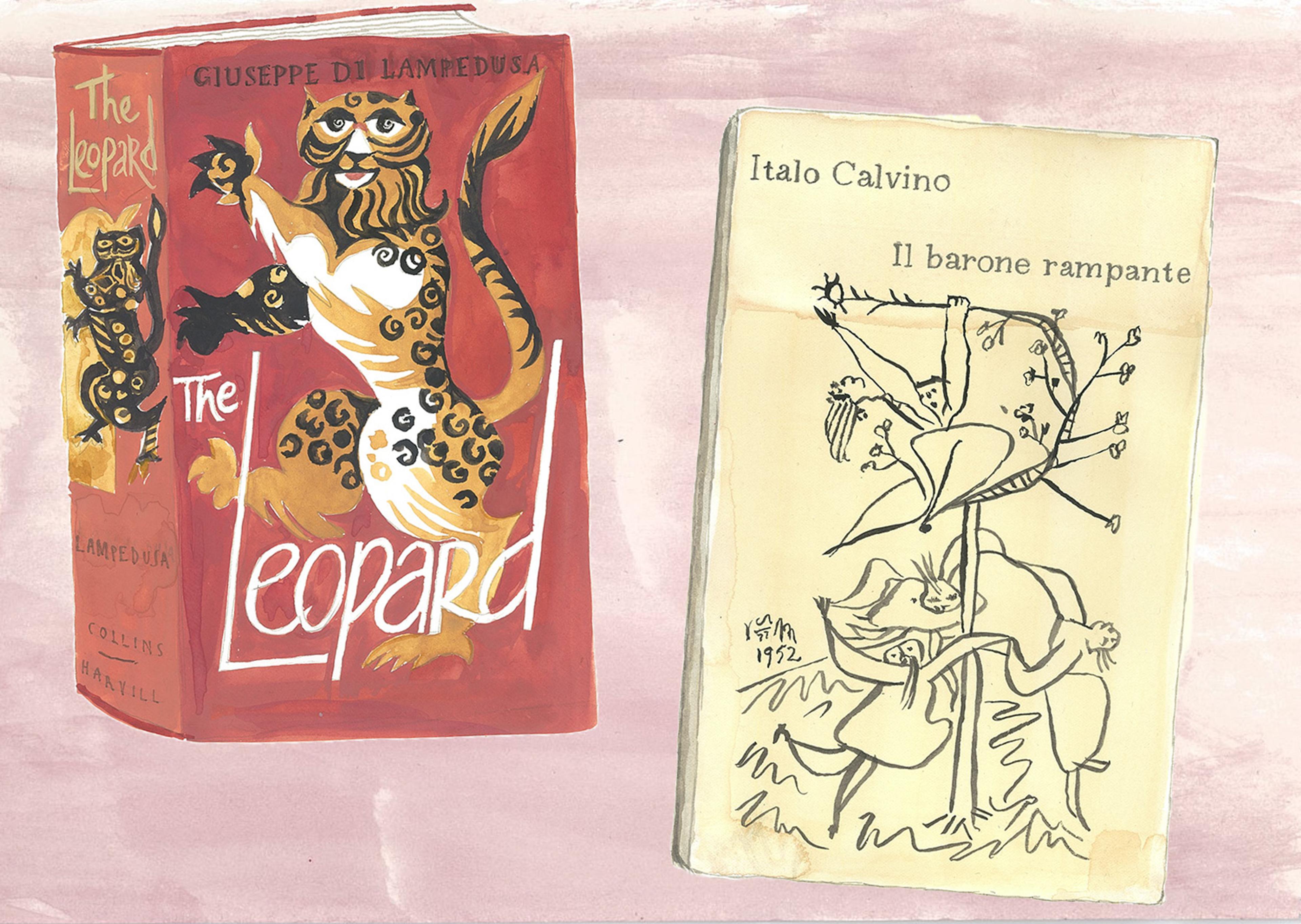 Illustration of two book covers: “The Leopard” by Giuseppe di Lampedusa and “Il barone rampante” by Italo Calvino.