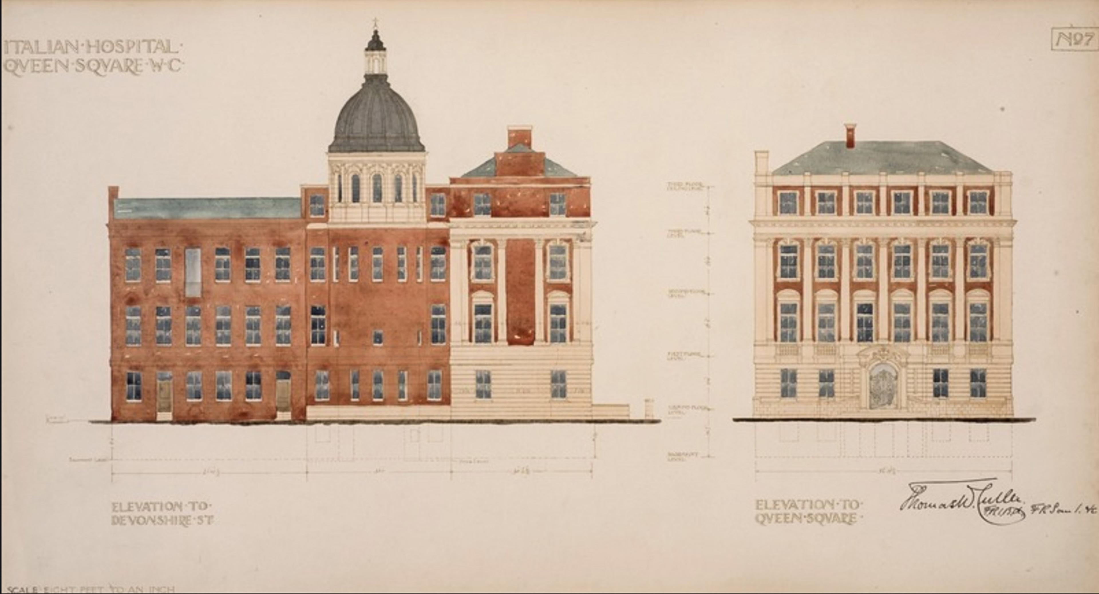 Architectural drawing of the Italian Hospital, Queen Square. Front and side elevations in ink and watercolour.