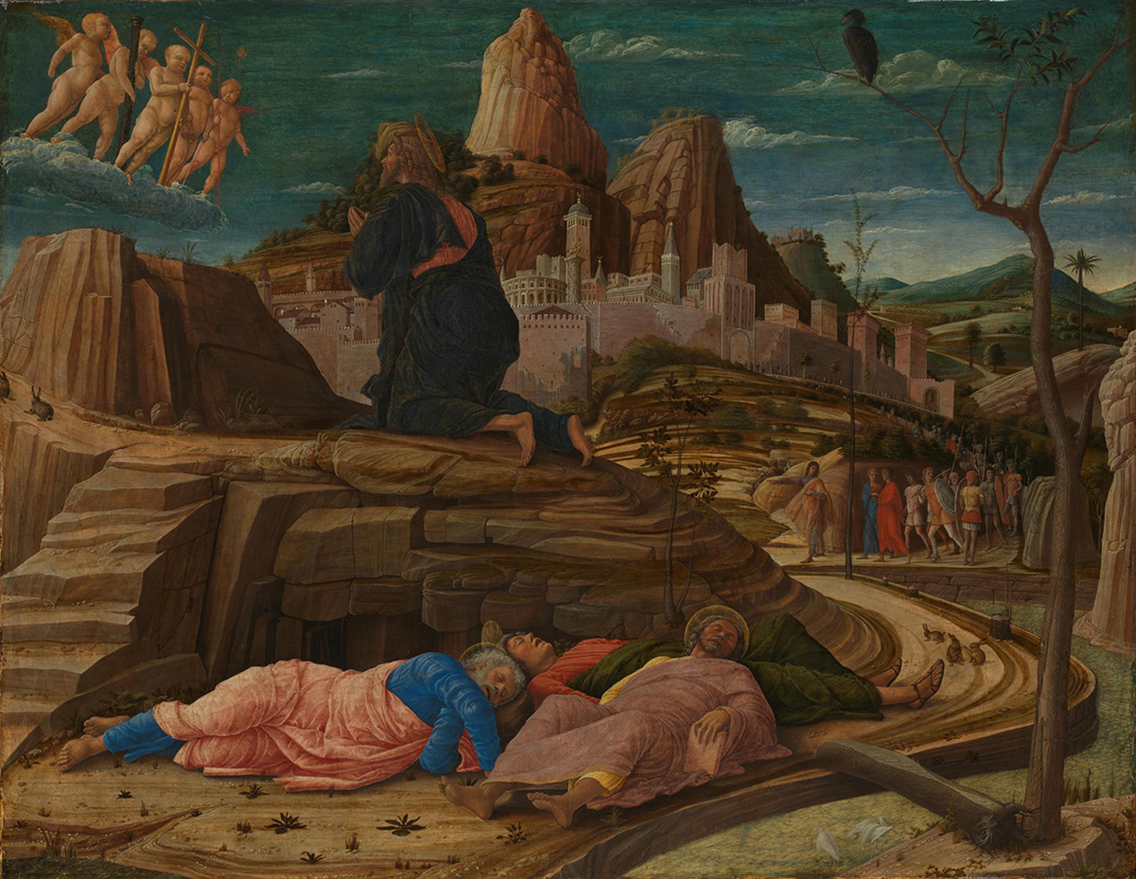 Painting of a biblical scene with a figure praying on rocks, sleeping figures nearby and a city in the background.
