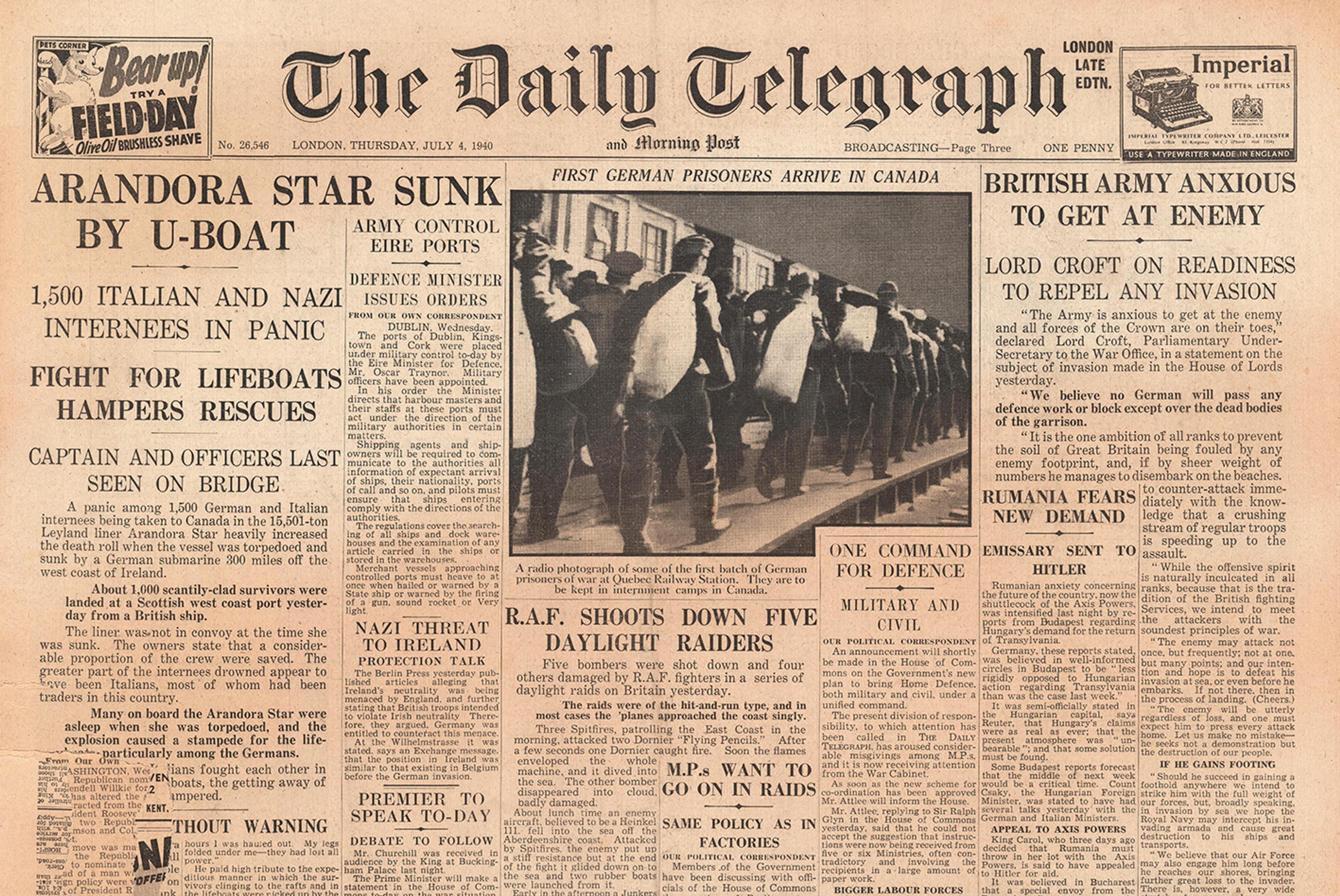Historic newspaper front page from The Daily Telegraph, dated 4 July 1940, featuring headlines on WWII events and a photo.