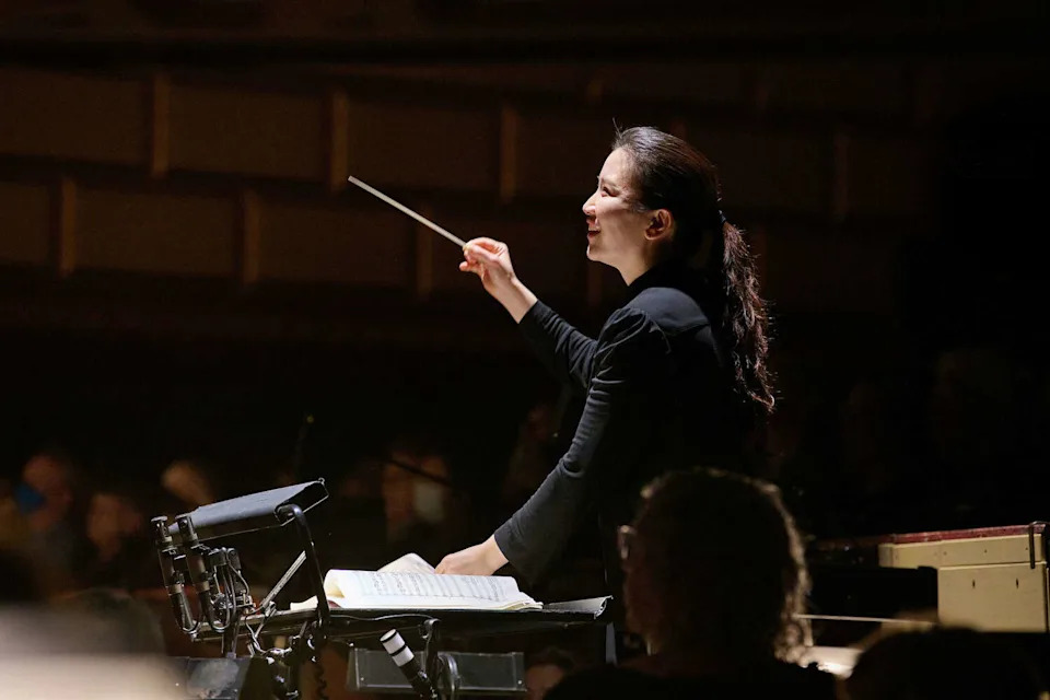 San Francisco Opera Conductor and Music Director Eun Sun Kim in performance of "Madame Butterfly" at the War Memorial Opera House on Sunday afternoon, June 18, 2023. (Stefan Cohen/S.F. Opera)