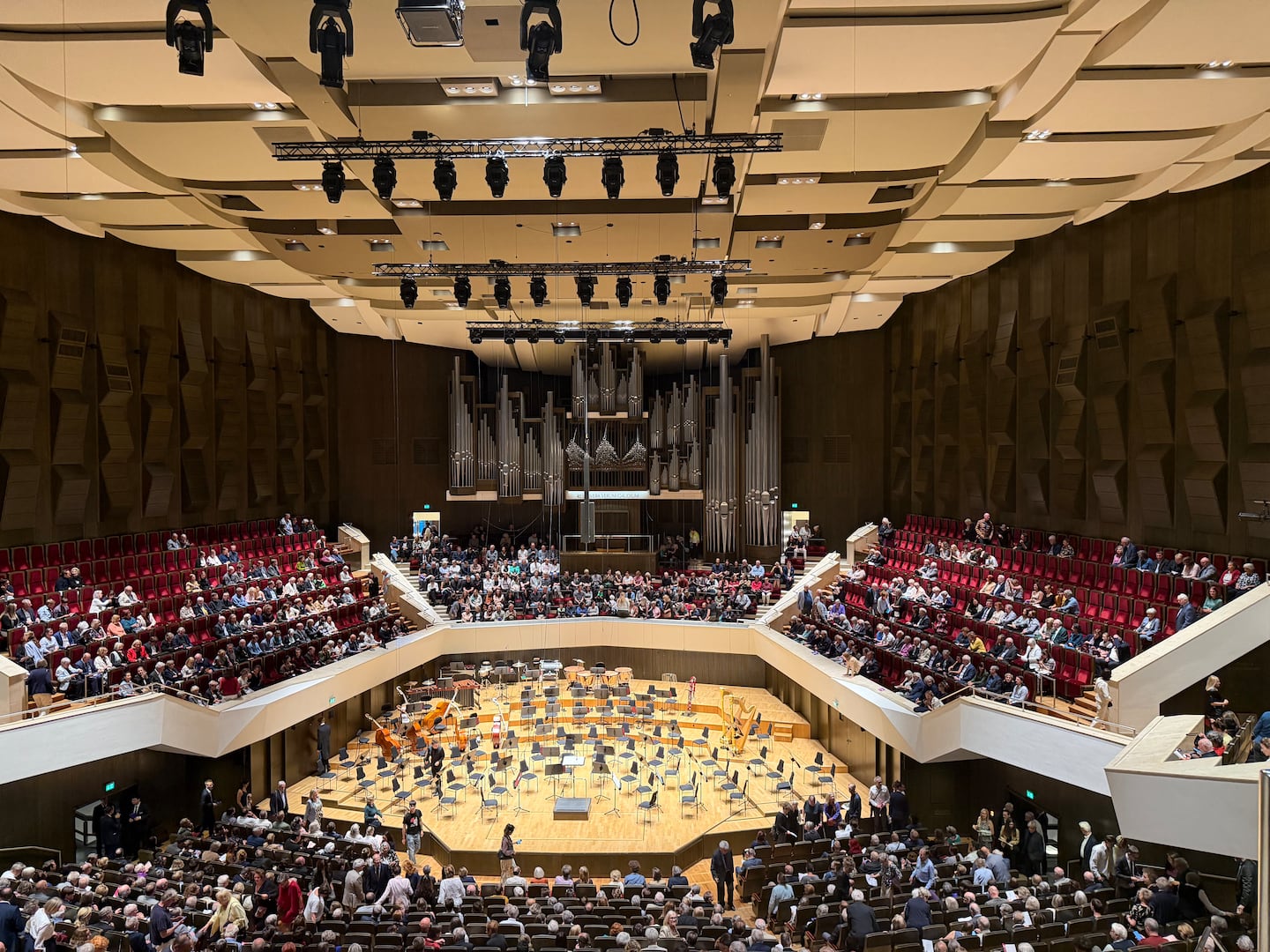 Interior of the Leipzig Gewandhaus Orchestra before a performance on Sept. 11, 2026. (Not conducted that night by Nelsons.)