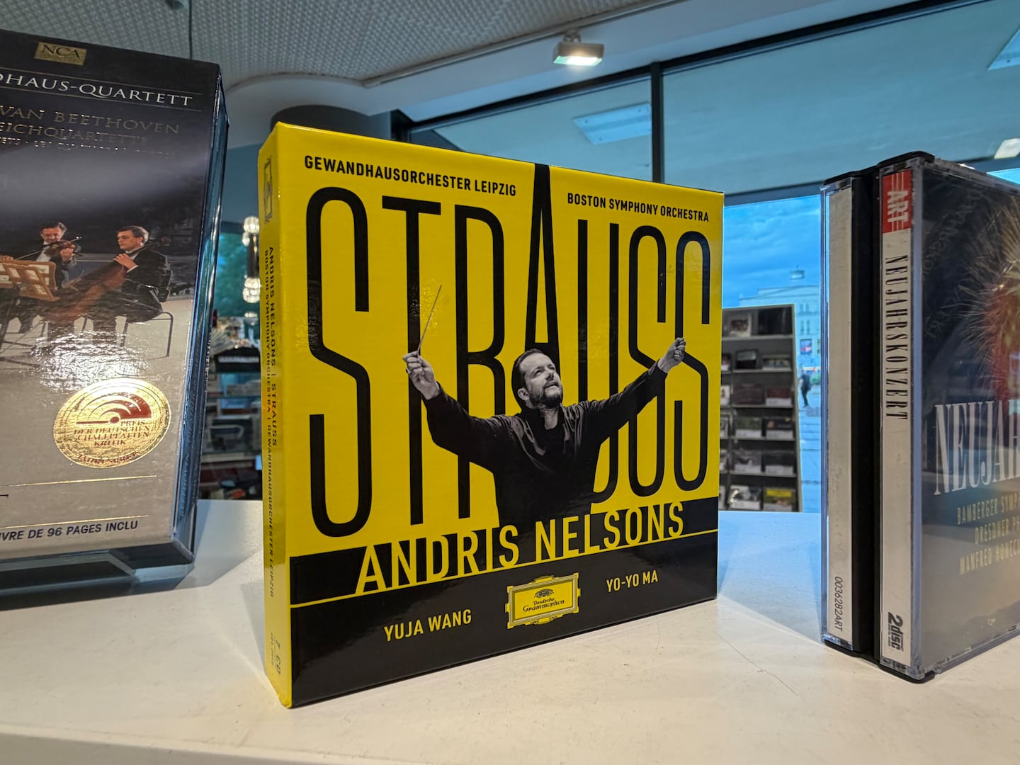 A joint Richard Strauss recording by the Leipzig and Boston orchestras, led by conductor Andris Nelsons, on display in the Gewandhaus shop on Sept. 11, 2026.
