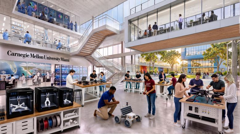 A rendered image shows inside a building on the planned Miami campus.