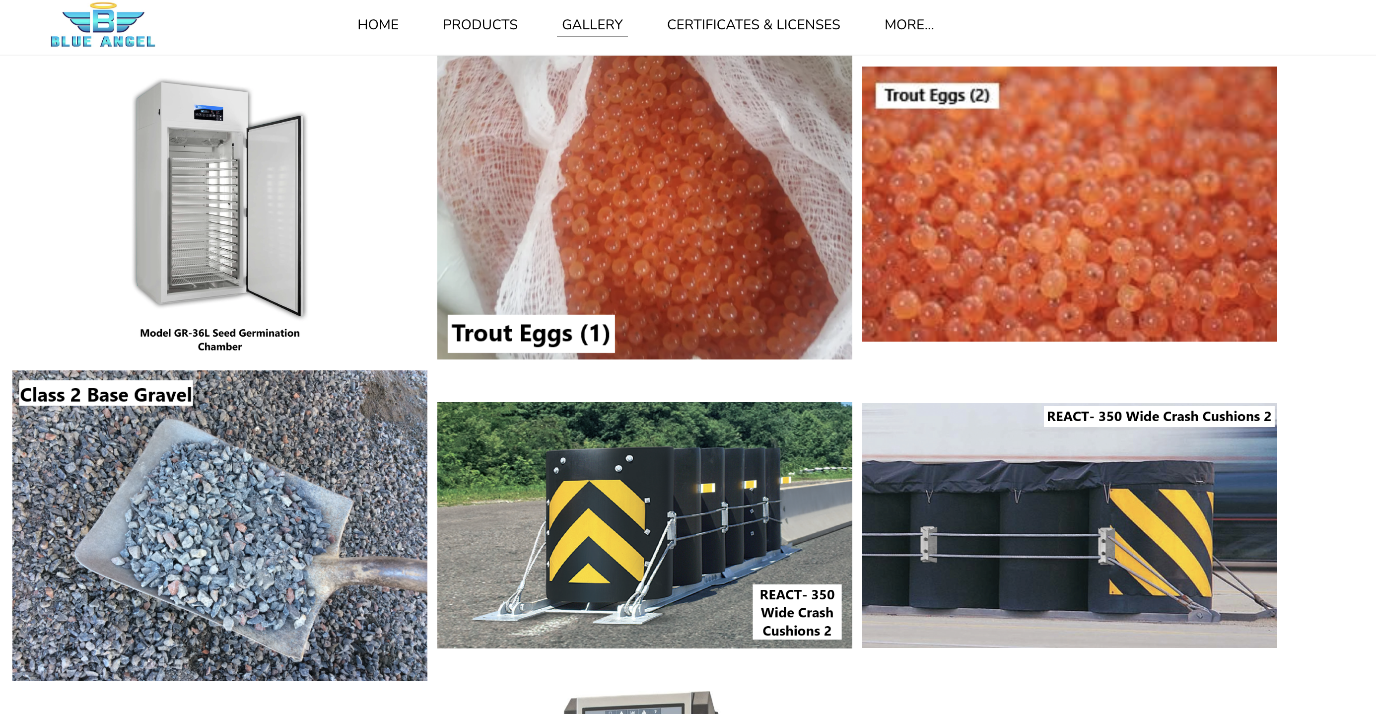 A photo of some of the things Blue Angel says it provides for its users, including trout eggs, seed germination chambers, gravel and crash cushions for highways.