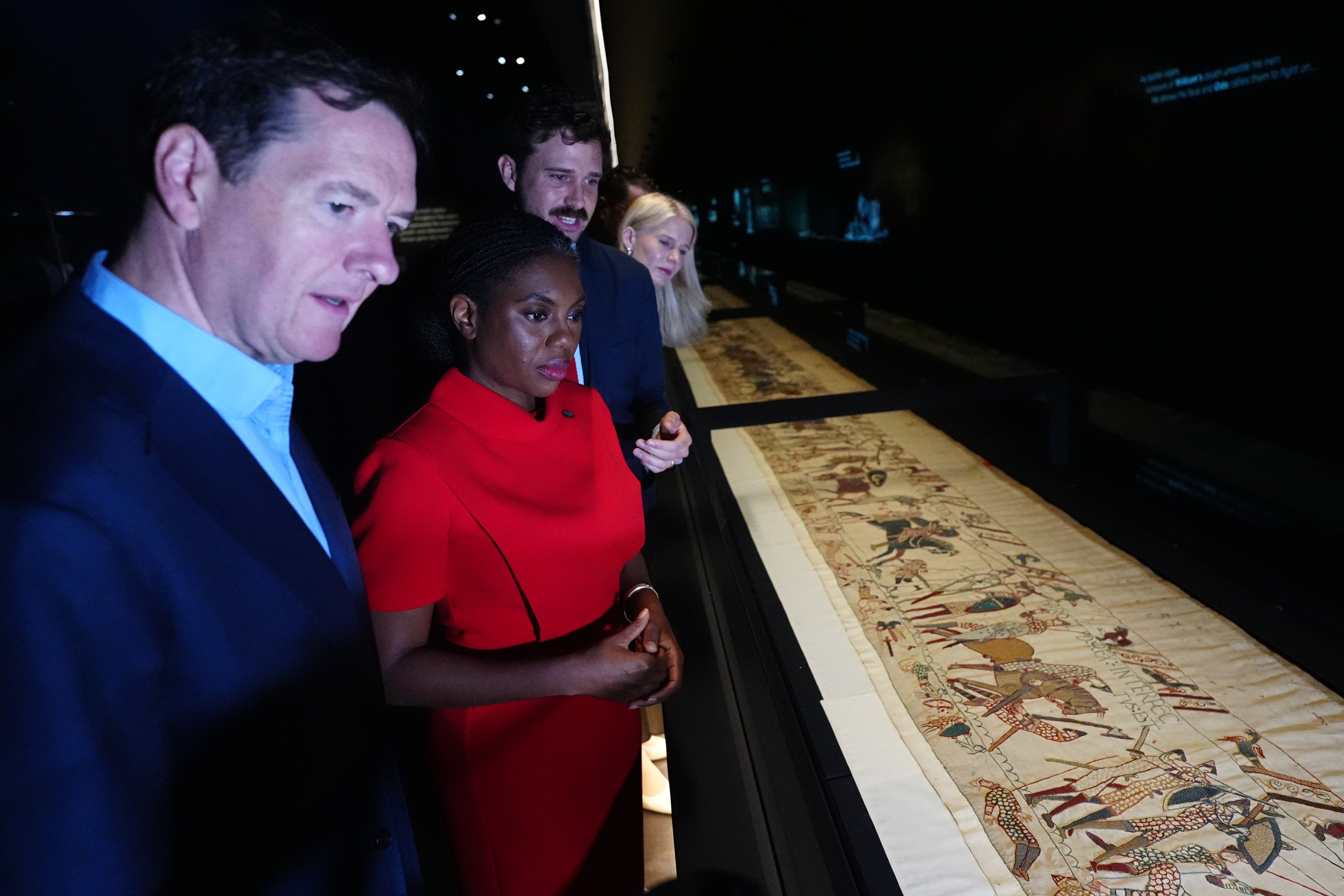 Conservative Party leader Kemi Badenoch with George Osborne, chairman of the British Museum, during a visit to The Bayeux Tapestry Exhibition (Stefan Rousseau/PA)