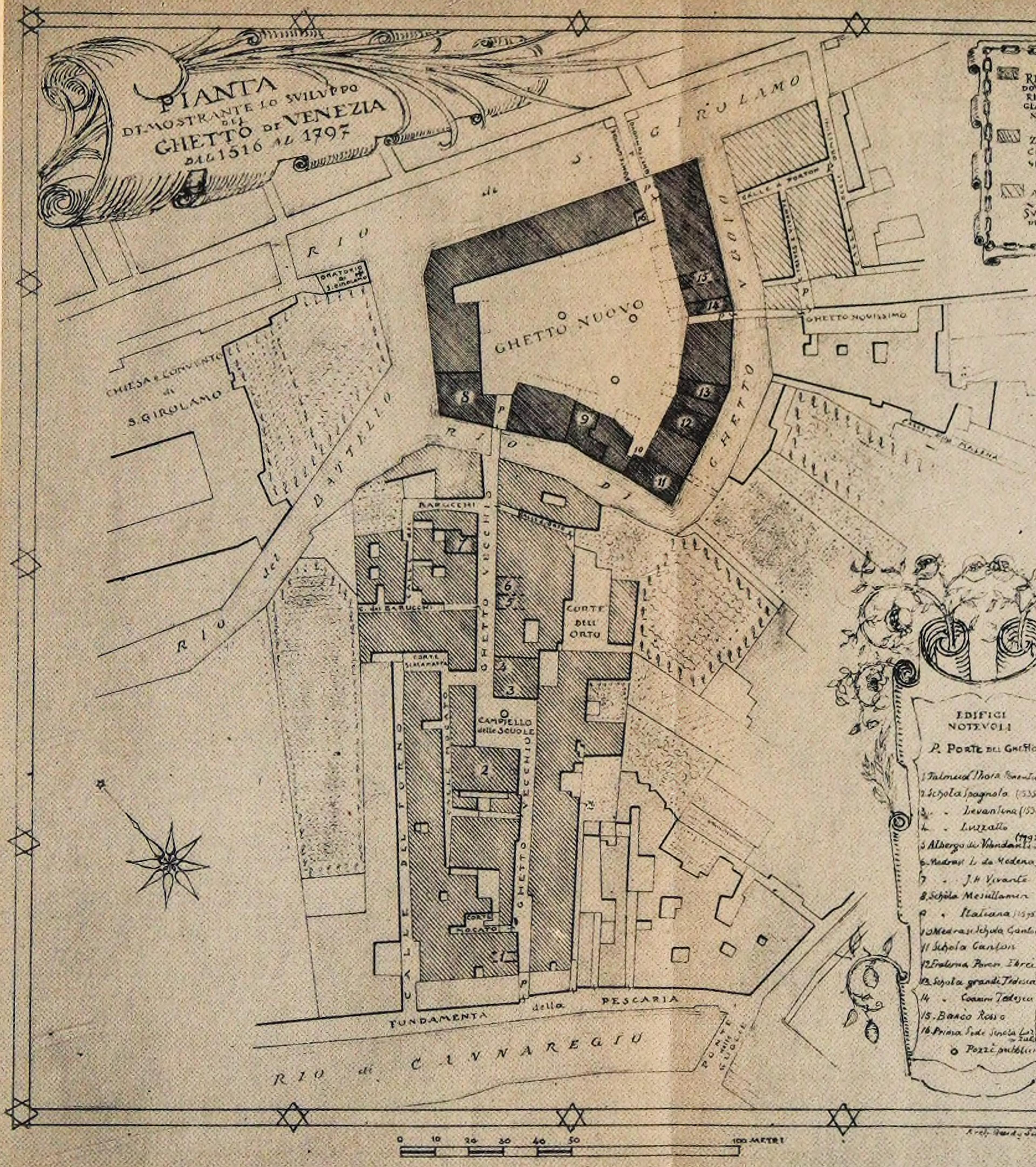 Historic map of the Venetian Ghetto from 1516 to 1797 featuring detailed streets and buildings, with decorative elements.