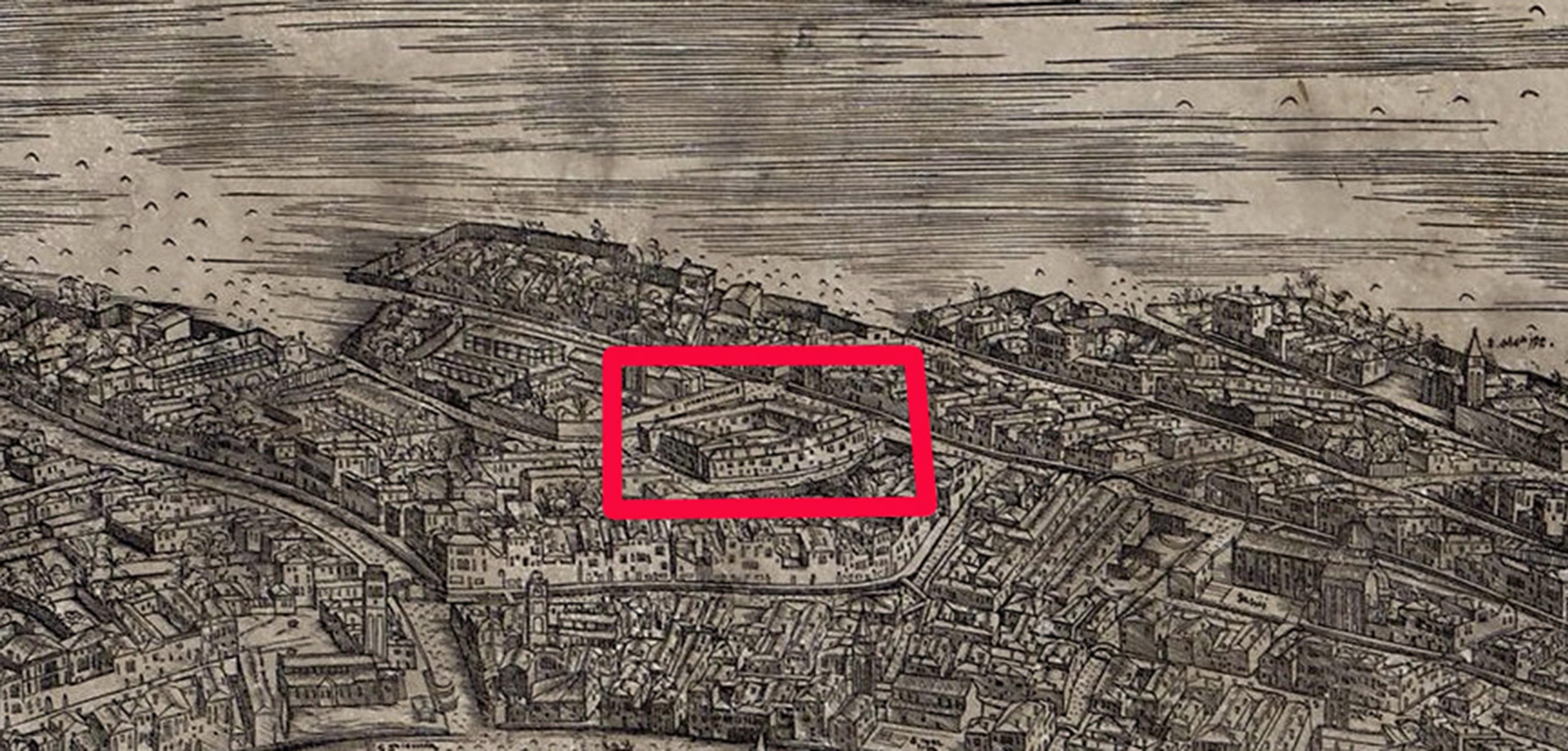 Historic map illustration of a coastal city with a red rectangle highlighting a specific area, showcasing detailed buildings.
