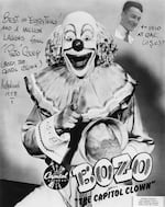 This signed press image from 1958 shows Bozo, "The Capitol Clown," as part of Capitol Records advertisements for Bozo books.