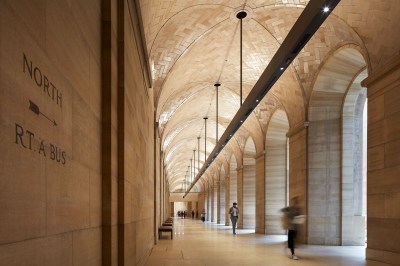 Inside a museum's long hallway.