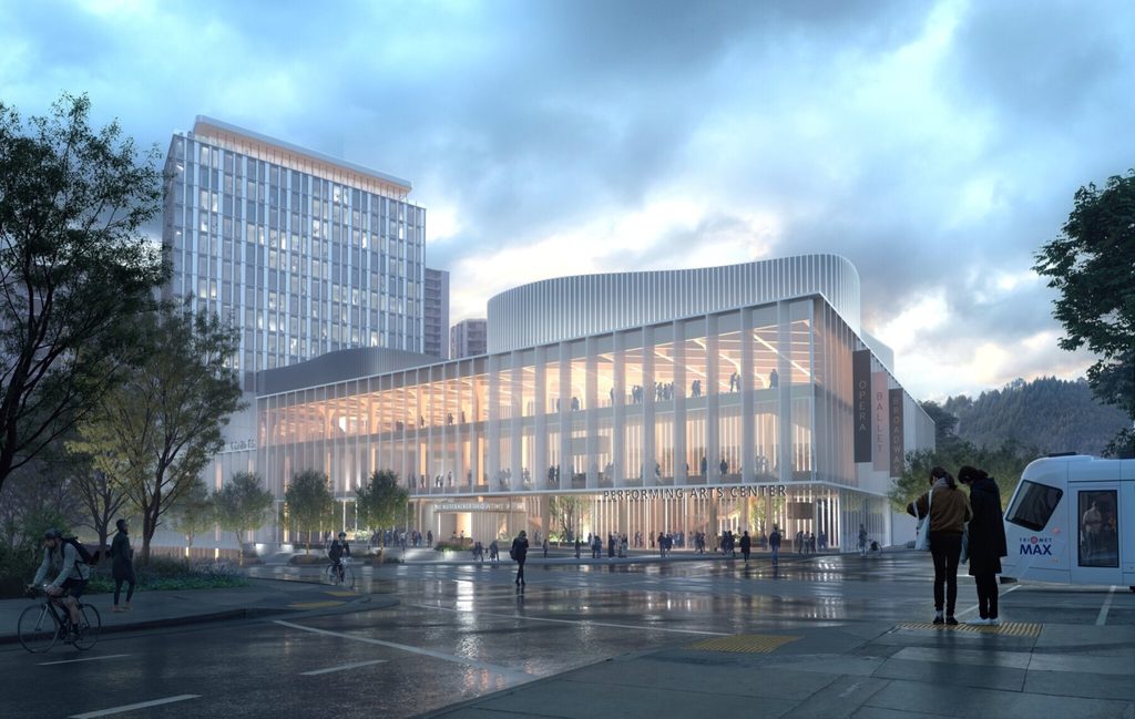 An envisioned large-capacity performance hall that would be completed in 2030 at Portland State University, along with a 1,200-seat hall, academic buildings, a new hotel, a conference center, restaurants, and other performance, rehearsal and educational spaces. Illustration courtesy of Bora Architecture & Interiors.