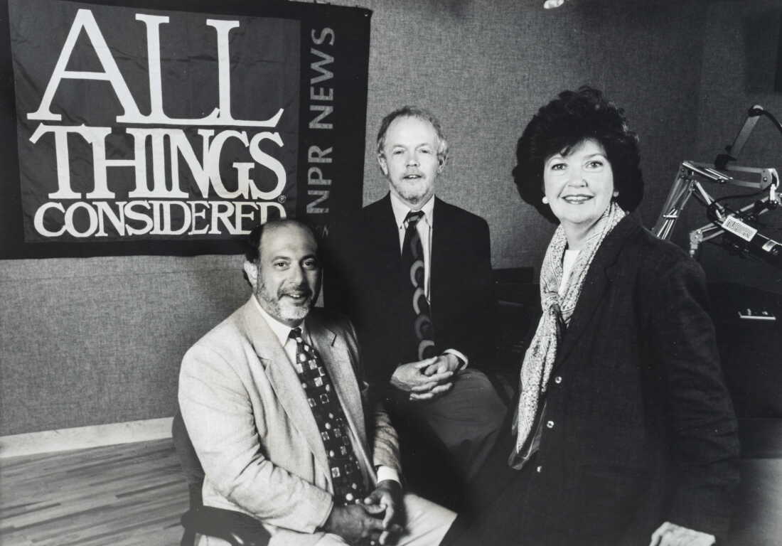 The hosts of All Things Considered — Robert Siegel, left, Noah Adams and Linda Wertheimer — pictured in 1996.